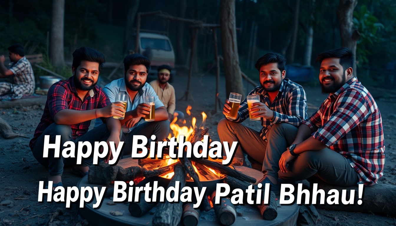 4k image, Four Asian Indian male friends sitting around a campfire drinking beers, having a great time outdoors with text "Happy Birthday Patil Bhau!" In the foreground