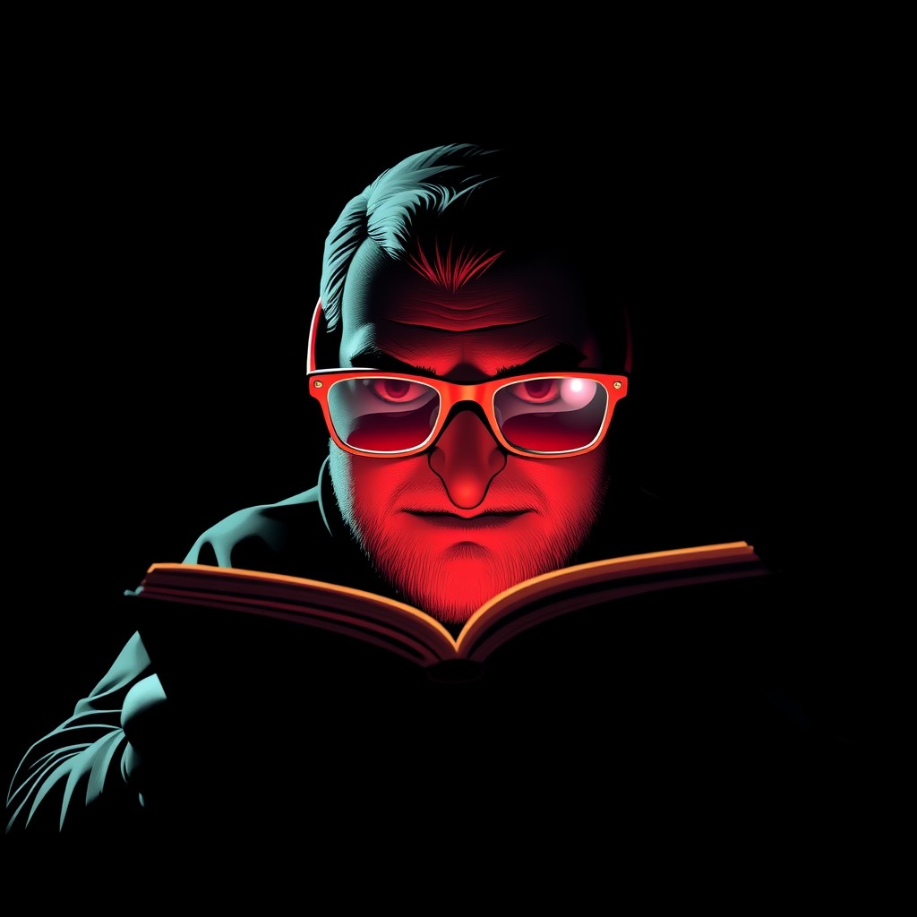 Create an image of gentoo linux user reading bible revelation in red glasses