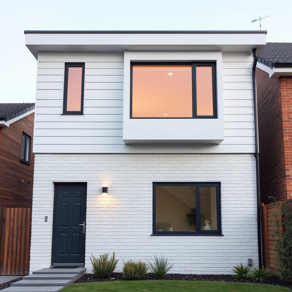 simple modern home elevation render with window shroud. White clad on first floor and white brick on ground floor.