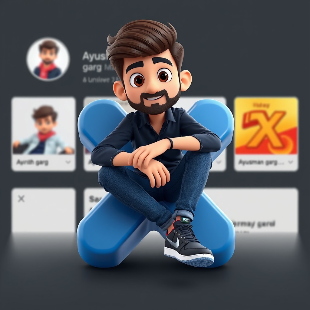 Create 3D illustration of an animated character sitting casually on top of a social media logo “X” The character is <23 years old, arab white, slight short beard, short brown blackish hair, dark blue shirt, blue jeans and a nike sport casual shoes> the background of the image is a social media profile page with a username “ayushman garg” and a profile picture that matches the animated character."