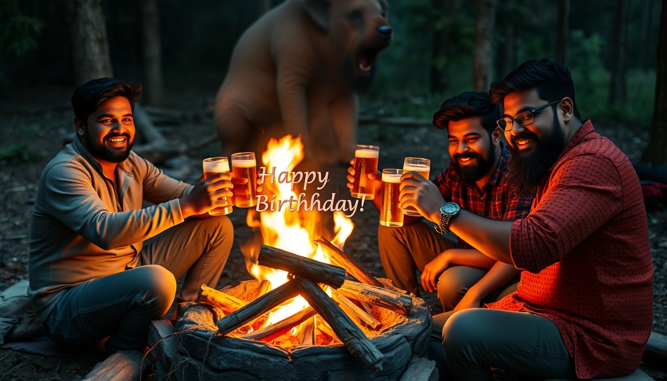 4k image, Four Asian Indian male friends sitting around a campfire drinking beers, having a great time outdoors, with the fire saying "Happy Birthday Patil Bhau!" Very clearly