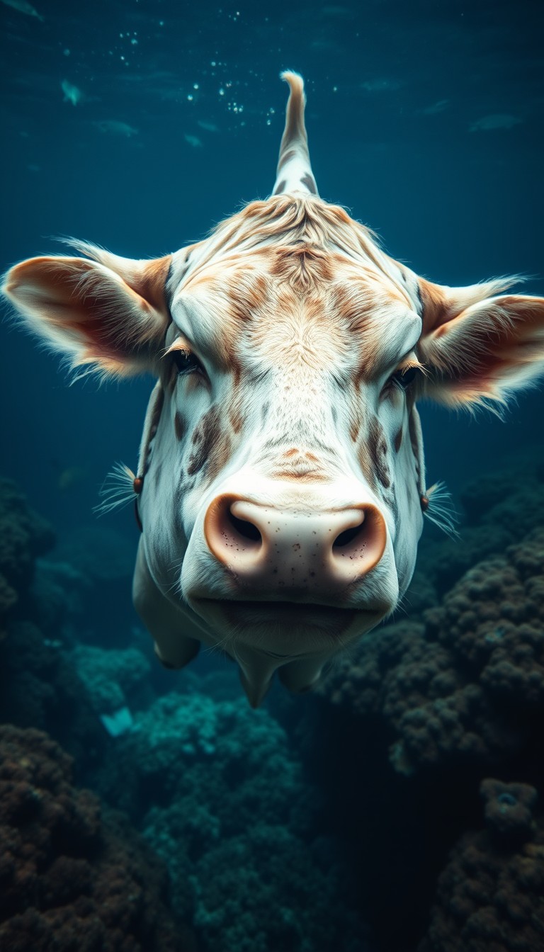 A cow face on the entire body of a fish in the deep sea and coral reefs. A realistic, cinematic wide angle photo.