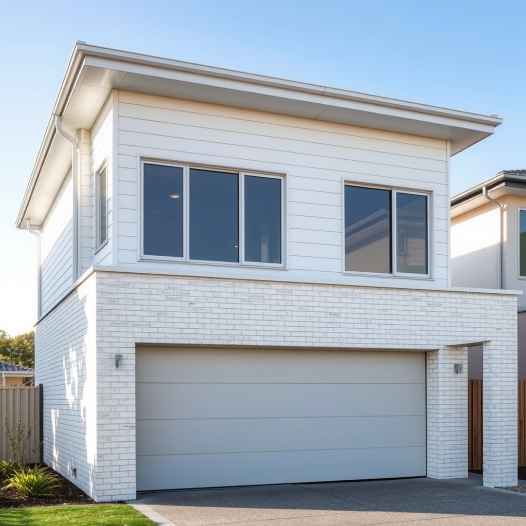 Architectural modern australian home elevation. White clad on first floor and white brick on ground floor. First floor overhangs ground floor. Garage door on ground floor. Only 2 storeys. Flat roof. Silver window frames.