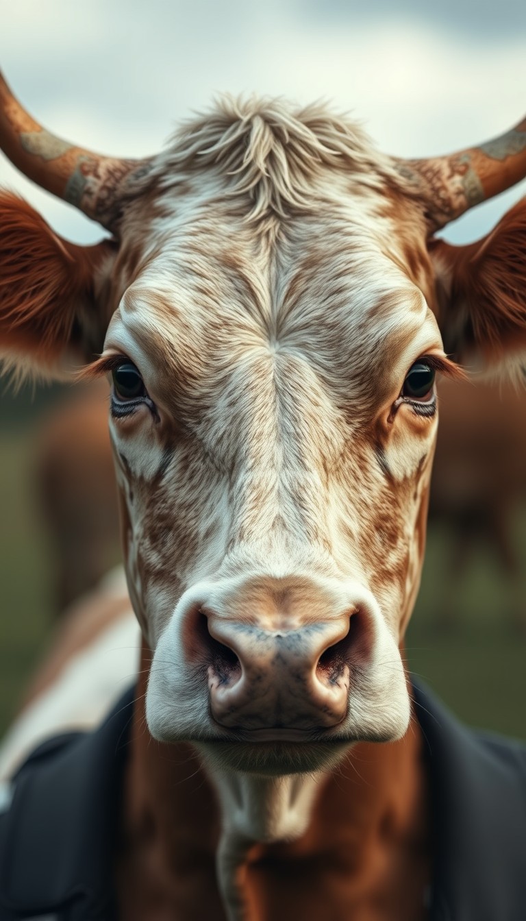 A cow face on a real human's head, a realistic image