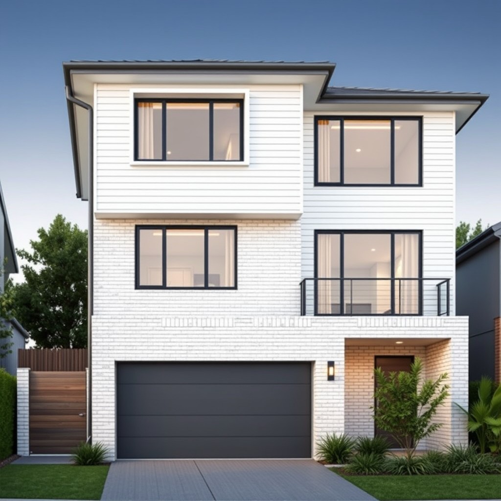 simple modern australian home elevation render with window shroud. White clad on first floor and white brick on ground floor. First floor overhangs ground floor. Garage door on ground floor.