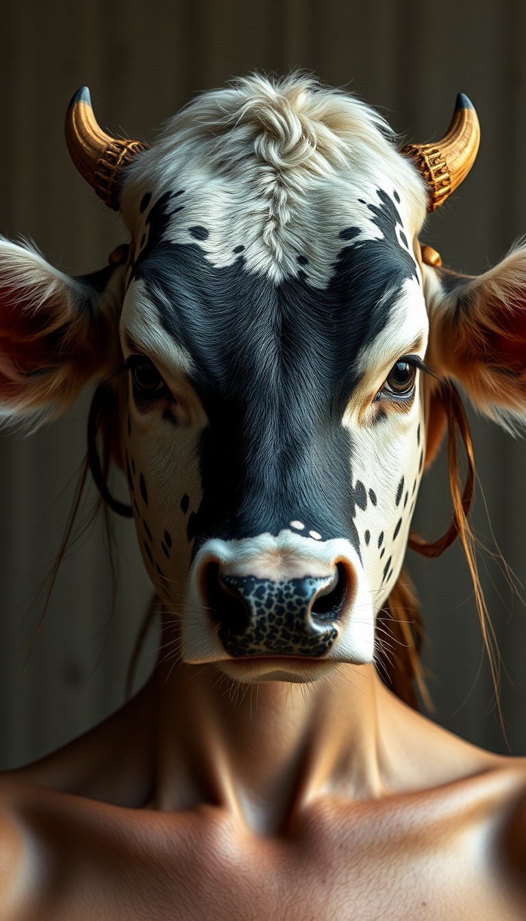 The face of a cow on the head of a real woman with white and black dots in her face, a realistic image