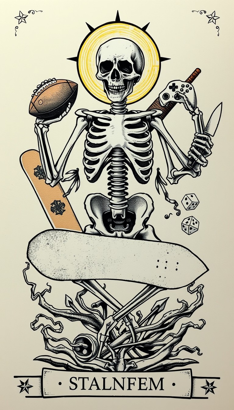 warhammer spacemulti armed skeleton legs crossed and arms spread holding a skateboard, football, back  and white
 console controller, dice and a chefs knife. tarot style tattoo ship breaking the vale