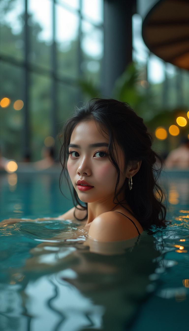 A beautiful Indonesian woman laying in water from a massive, modern pool party resort. Elegant, tall Modern architecture. young people, tall glass windows. bynting. night. A photograph of a stunning woman, in the style of Vittorio Matteo Corcos, the winner of an Unsplash contest, an Instagram-worthy photo, with dark hair and brown eyes, dappled light, posing for the camera, with deep colors. --stylize 300 --ar 2:3 --style raw --v 6.1