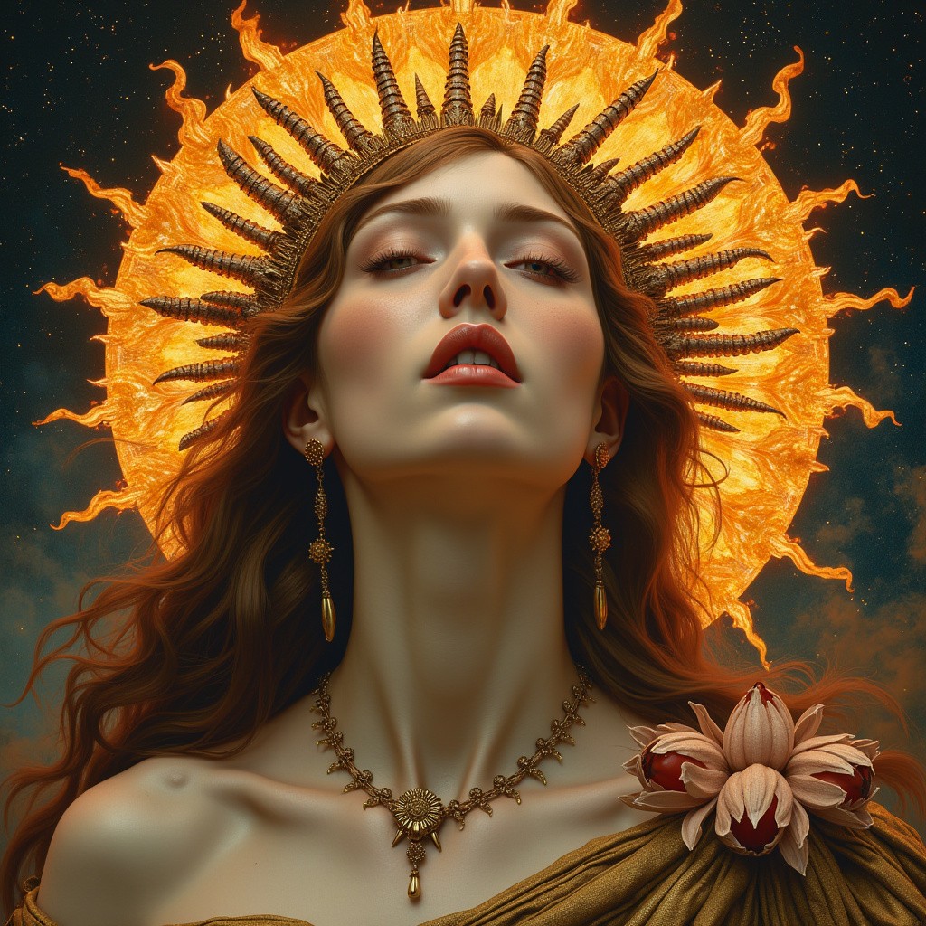 portrait burning saint face, venus, athena, halo, by alphons mucha and annie swynnerton and jean delville, strong dramatic cinematic lighting, ornate headdress, flowing robes, spines, flowers, stars, lost civilizations, smooth, sharp focus, extremely detailed, marble, molten gold, space