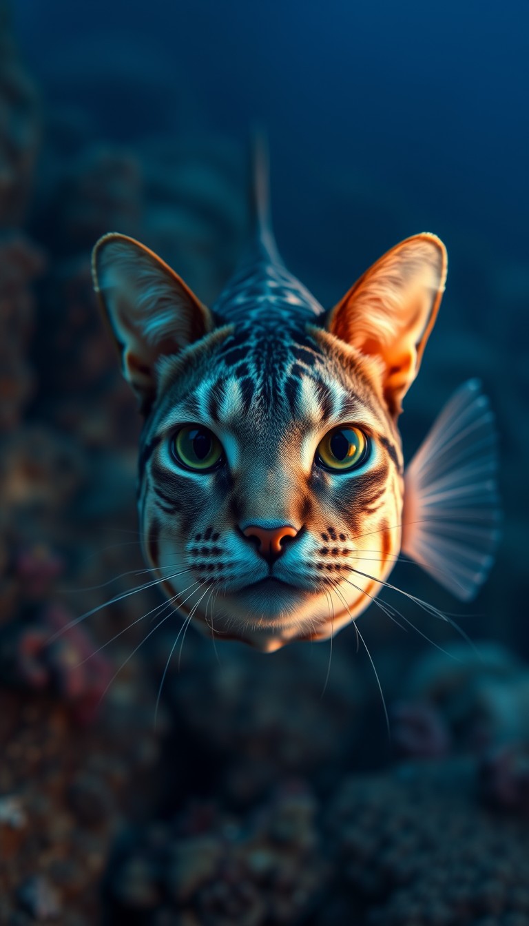 A cat face on the entire body of a fish in the deep sea and coral reefs. A realistic, cinematic wide angle photo.