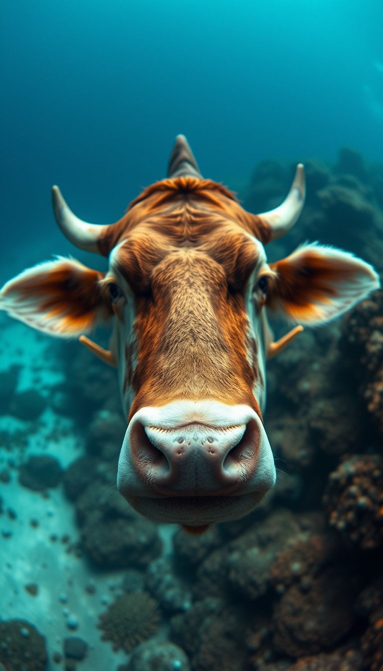 A cow face on the entire body of a fish in the deep sea and coral reefs. A realistic, cinematic wide angle photo.