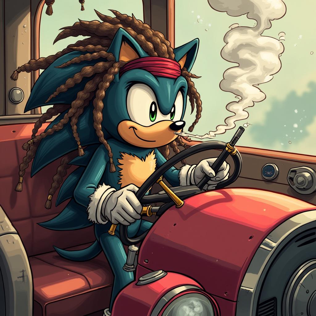 Pirate hedgehog with dreadlocks driving a round red bus with a gray dot in the middle smoking an alert vape
That the image should be anime style not Sonic