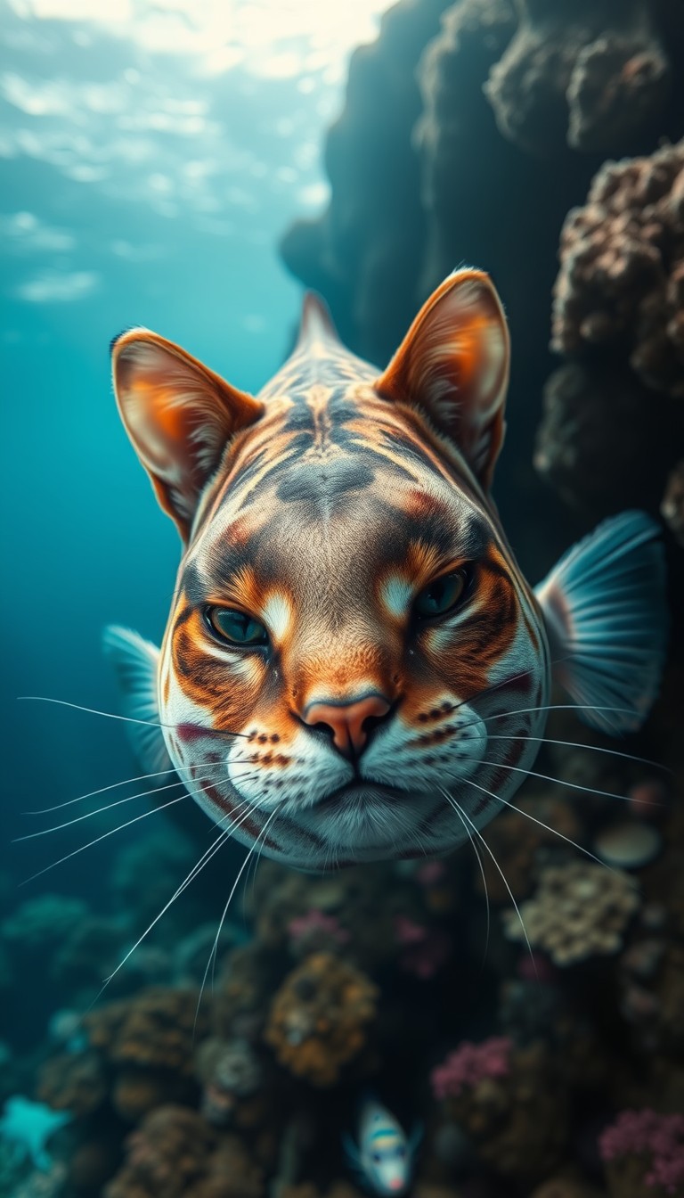 A cat face on the entire body of a fish in the deep sea and coral reefs. A realistic, cinematic wide angle photo.