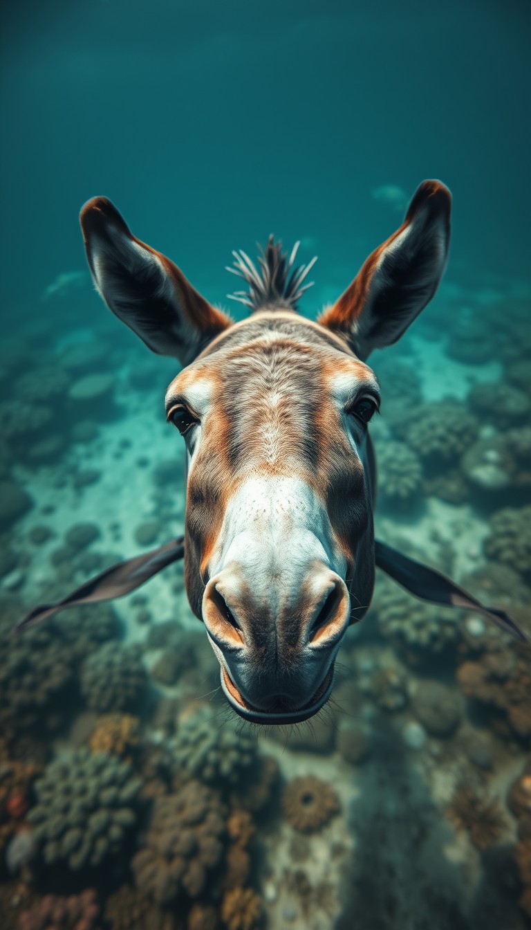 The face of a donkey on the body of a whole fish in the deep sea and coral reefs. Realistic cinematic wide-angle image.