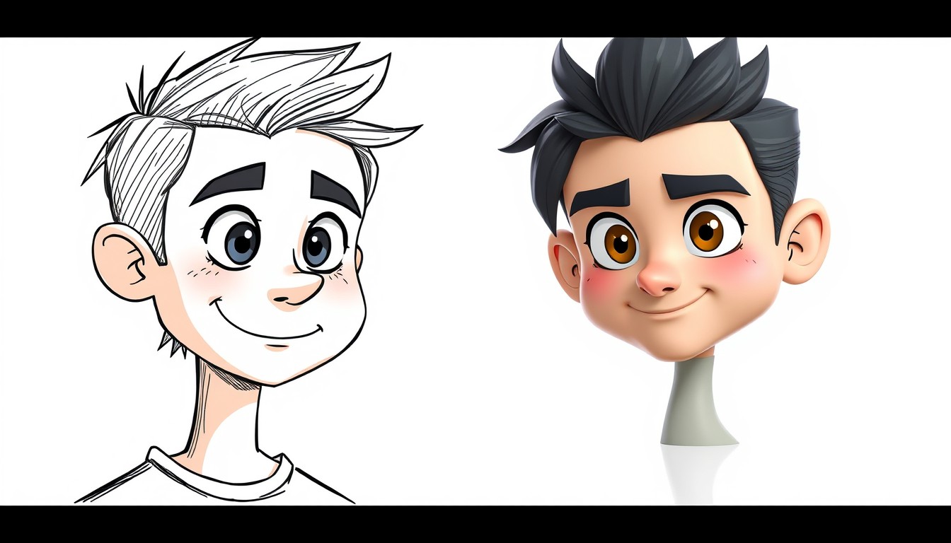 Create a detailed image showing a 2D hand draw cartoon character and a 3D character side by side in one picture