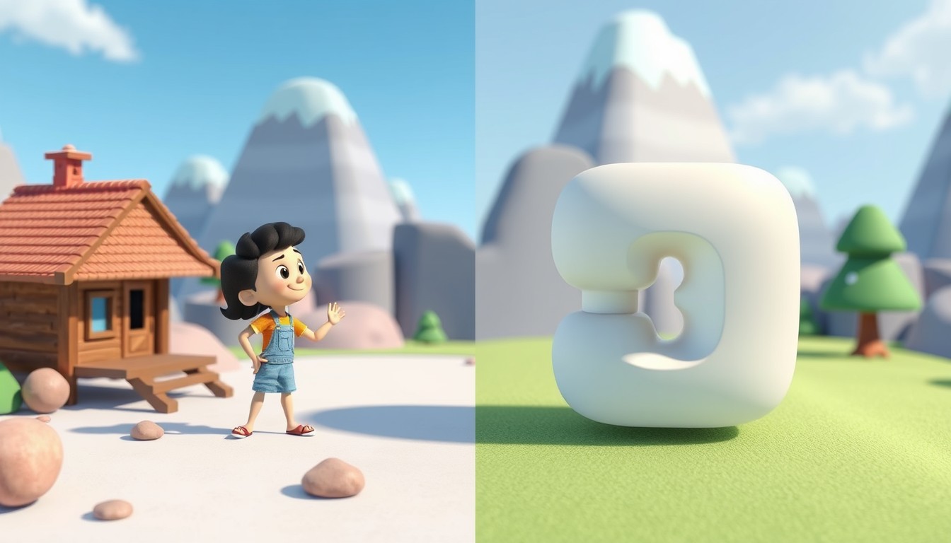 Create a detailed image showing a 2D animation and a 3D animation side by side in one picture