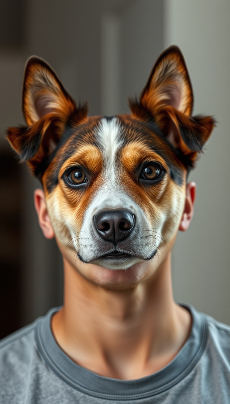 A dog's face on a real human's head, a realistic image