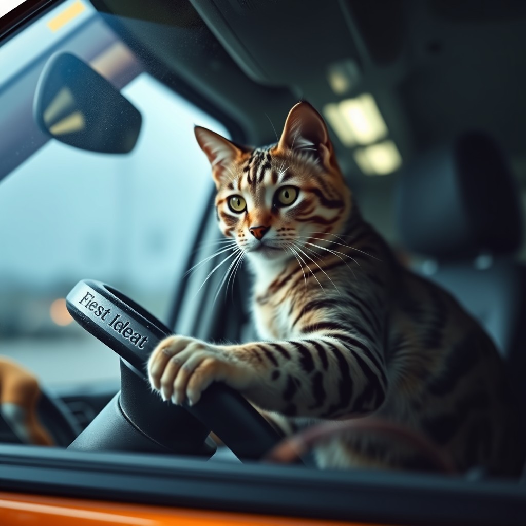 A tabby cat driving an ambulance