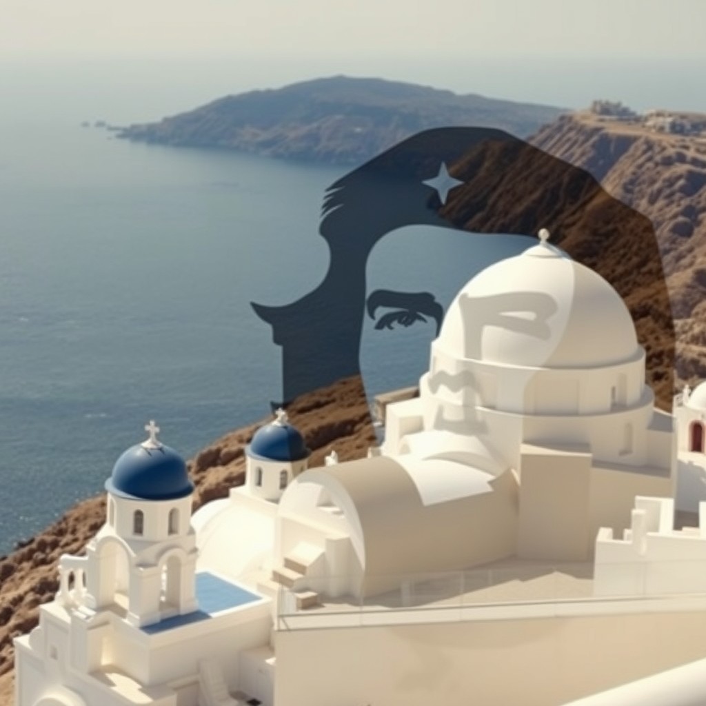 Create an image of Che Guevara using image diffusion of Santorini