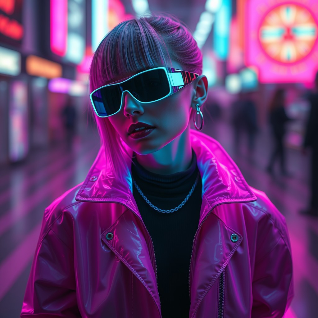 a hiperealisic model cyberpunk, beauty, neon, futursitic clothes