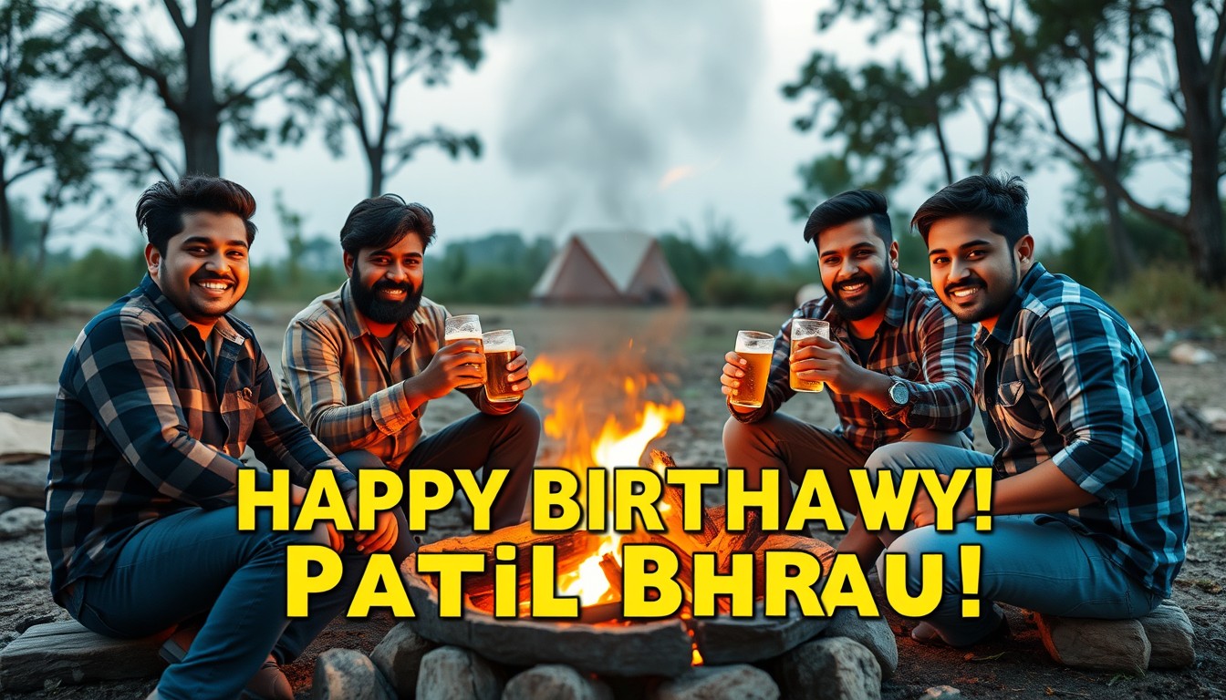 4k image, Four Asian Indian male friends sitting around a campfire drinking beers, having a great time outdoors, with text saying "Happy Birthday Patil Bhau!" In bold letters