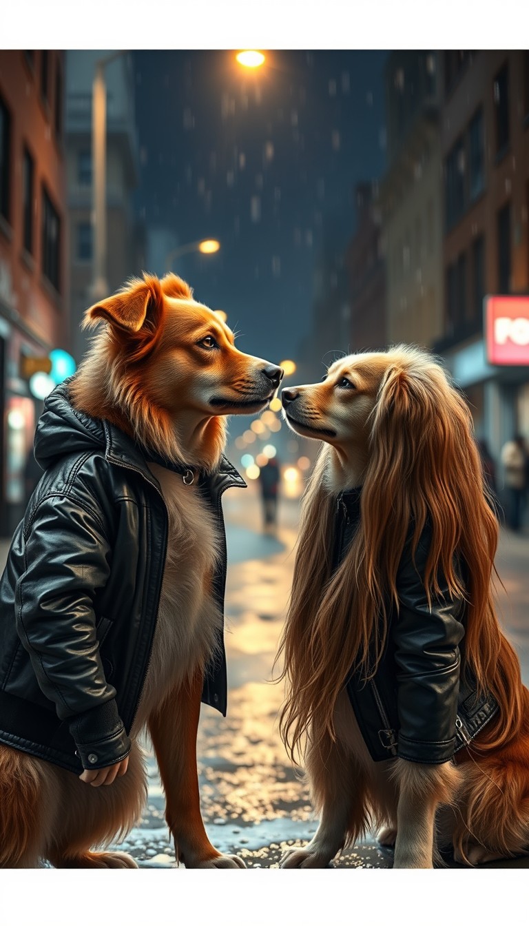 Wide angle pictures of two dogs on human bodies, a male dog and a long-haired female dog, standing in front of each other and looking at each other, their faces sad and crying, and the two dogs wearing black leather jackets in the winter in the middle of a rainy atmosphere in the street at night. A realistic cinematic picture.