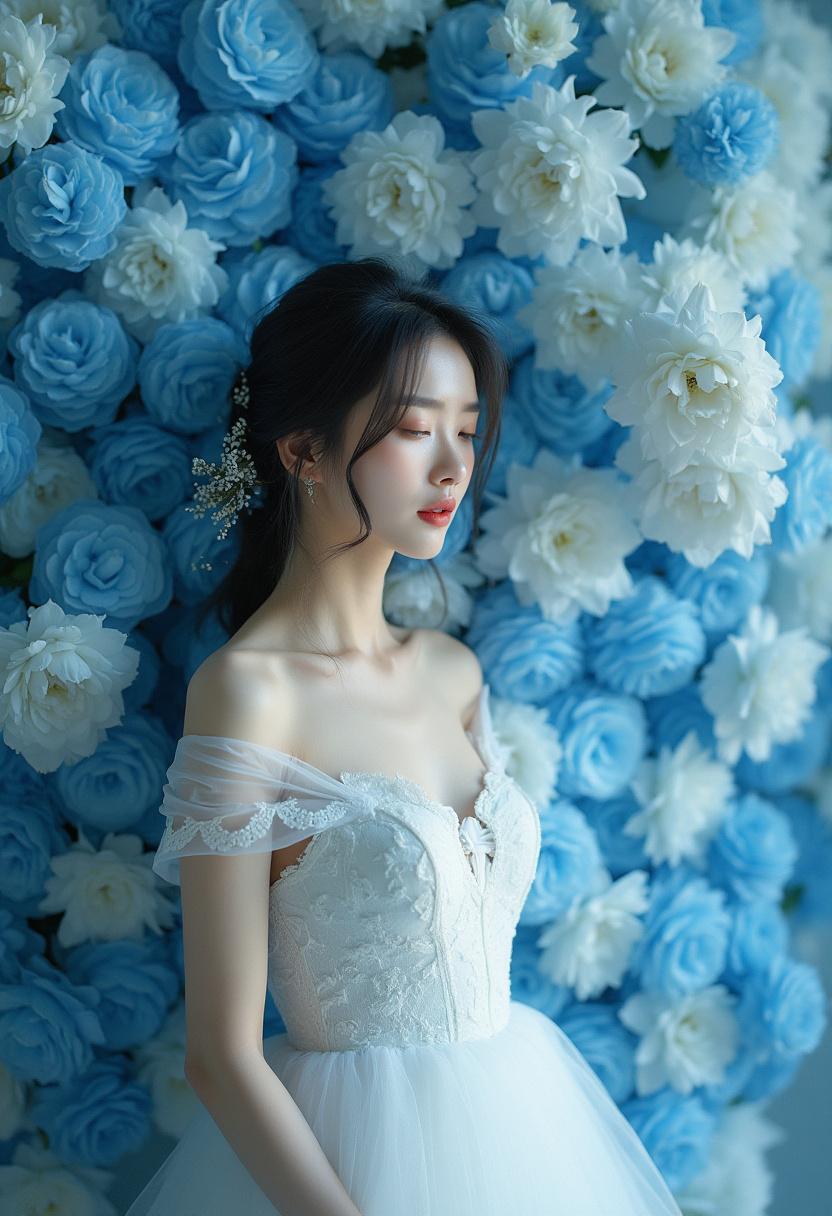 Blue, noisy, messy, lowres, JPEG, artifacts, ill, differentiated, male bridge outfit, white dress, floral background, elegant, full body white, Asian women, high-end, big flower pet, soft lighting, romantic, dreamy, luxurious, delicate texture, wide skirt, monochrome palette, light makeup, dreamy blue, high-quality images, ethereal, clear focus, studio photos, complex details, highly detailed, super realistic, high-definition, professional photography, Nikon camera, high-quality, movie, 16K, ultra-high resolution, super detail,