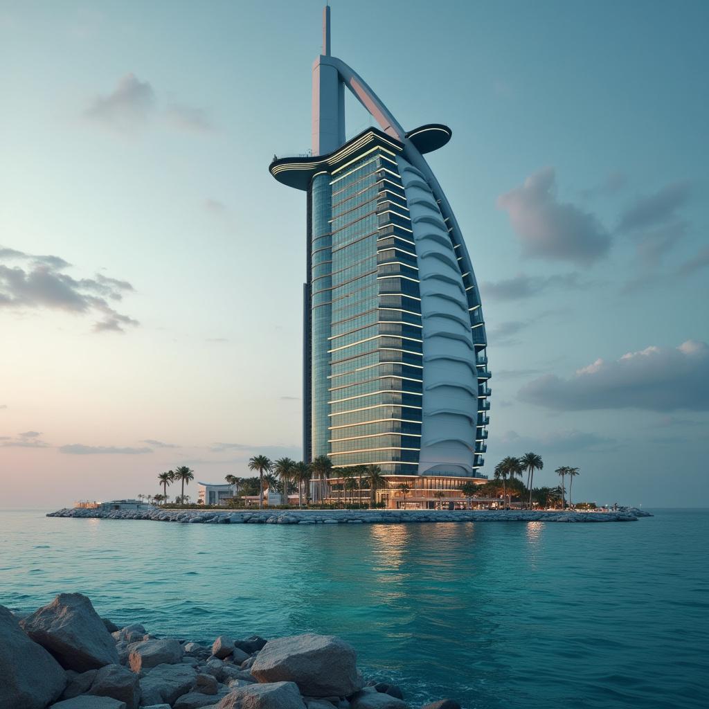 an imaginary image of a huge luxury building in the middle of the ocean, in the style of hurufiyya, engineering/construction and design, spiral group, aquamarine, asymmetrical balance, romantic riverscapes, sleek