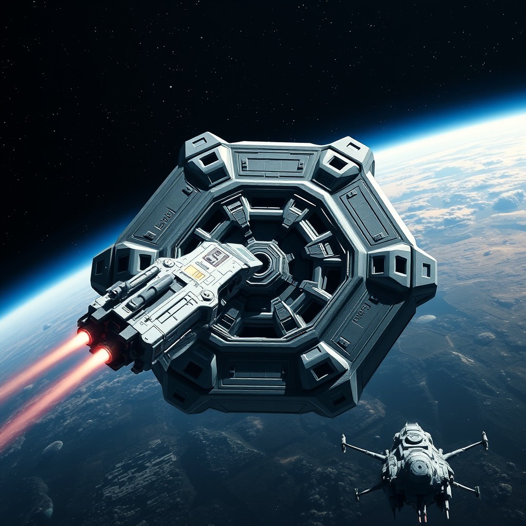 A spaceship docking with a dodecahedron-shaped station