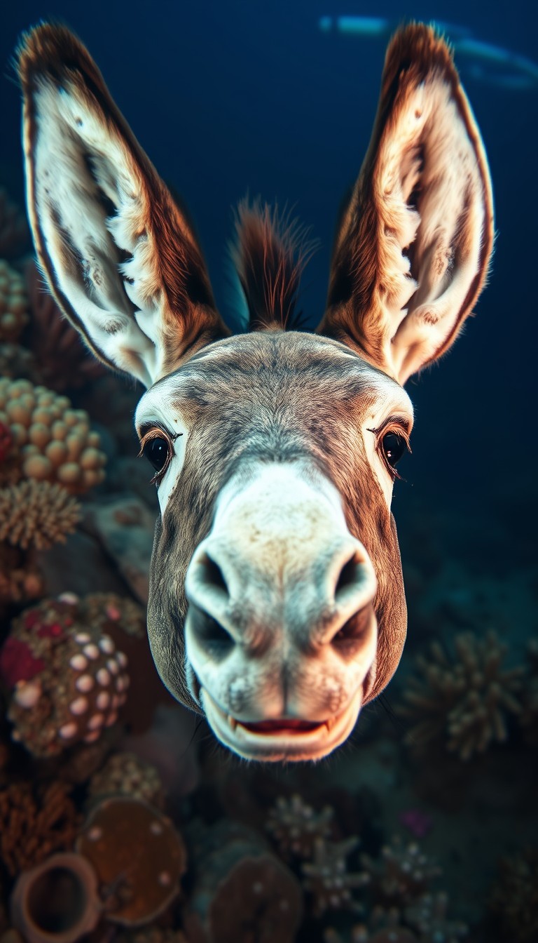 A donkey face on the entire body of a fish in the deep sea and coral reefs. A realistic, cinematic wide angle photo.