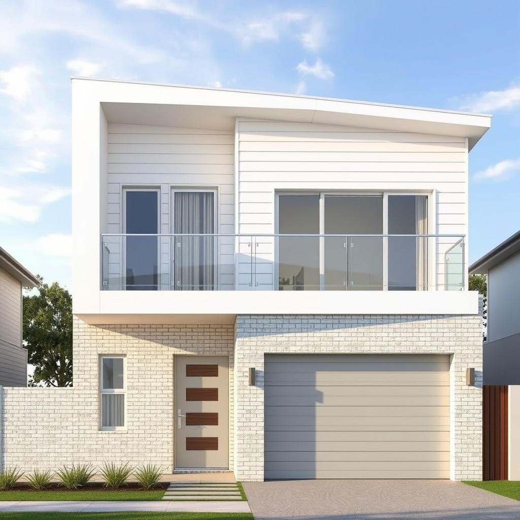 Architectural modern australian home elevation render. White clad on first floor and white brick on ground floor. First floor overhangs ground floor. Garage door on ground floor. Only 2 storeys. Flat roof. Silver window frames. -balcony