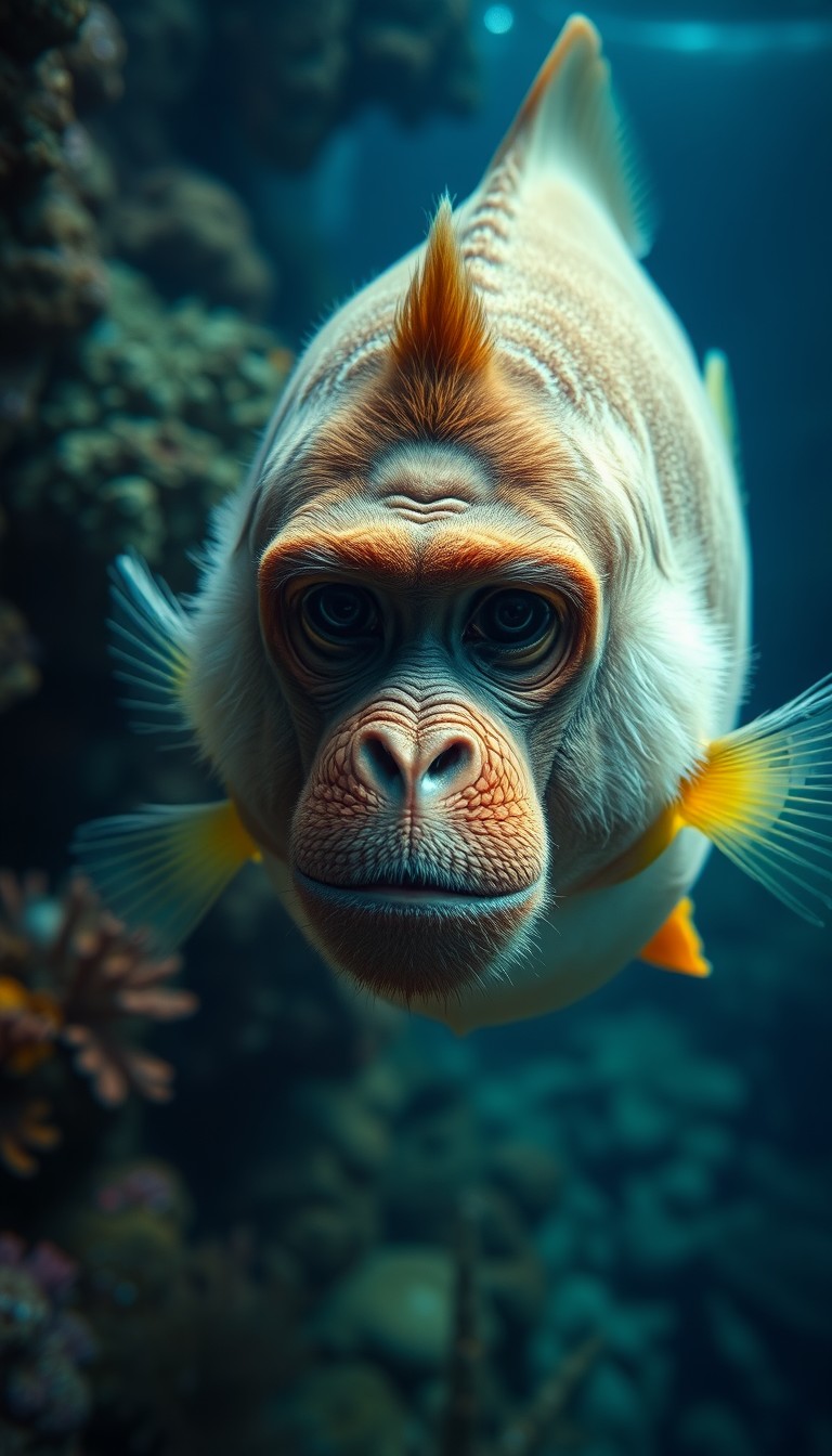 A monkey's face on the entire body of a fish in the deep sea and coral reefs. A realistic, cinematic wide angle photo.