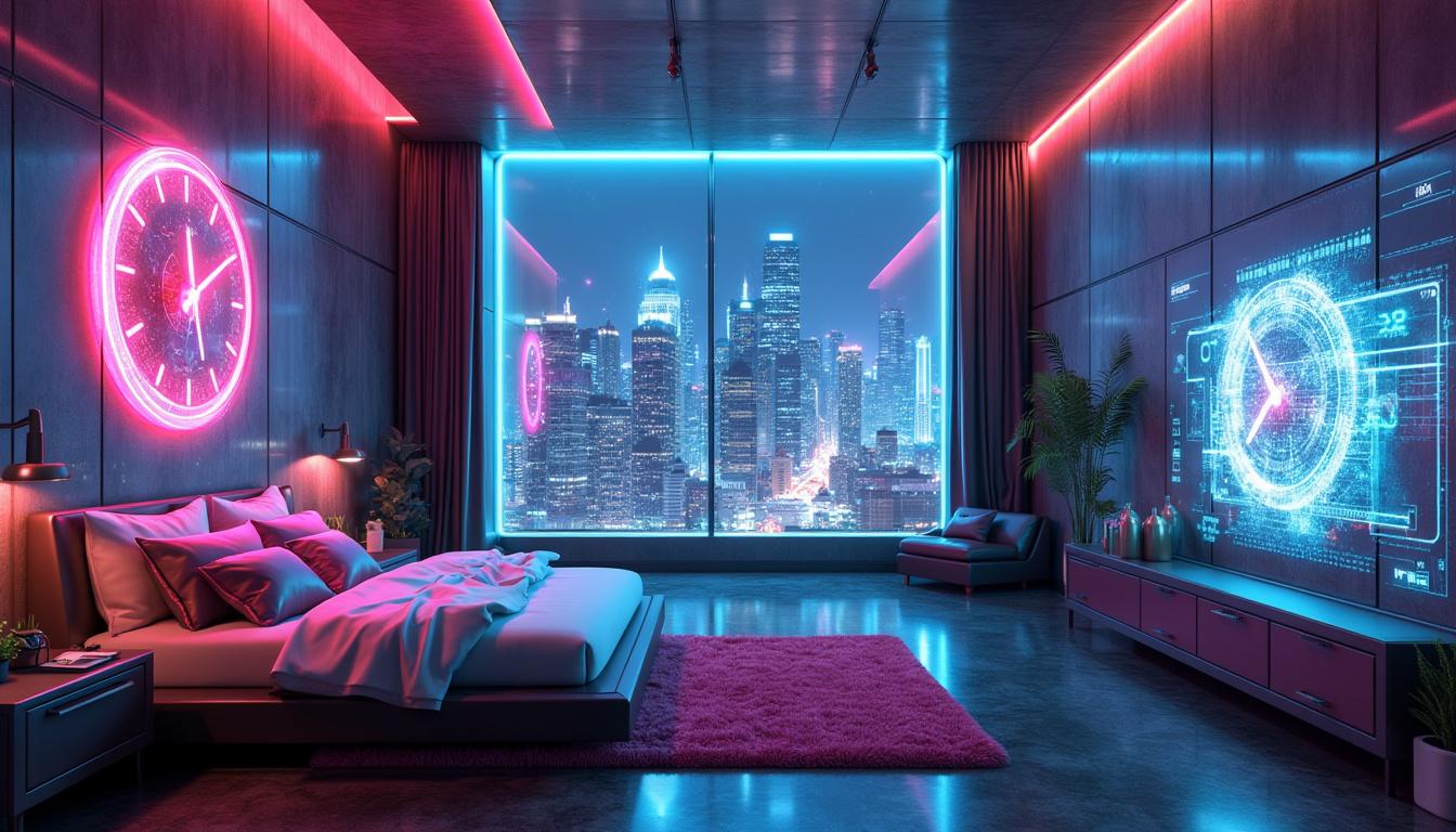 A futuristic cyberpunk room with neon lights and holographic displays, captured at eye level. The room features a sleek, modern bed with futuristic pillows, a glowing holographic wall clock, and a large, transparent window revealing a city skyline filled with towering skyscrapers and bright lights. The ambiance is a blend of high-tech sophistication and urban grit, with a touch of dystopian atmosphere, eye level