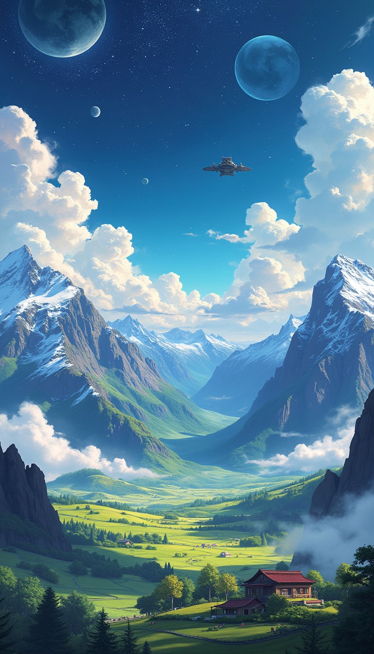 panoramic anime landscape, surrealistic, vivid clouds, big sky, cosmic atmosphere, a few traditional village houses, rolling hills, serene countryside, dreamy scenery, anime style, detailed clouds, sense of depth, universe vast, rocky mountains with the peaks covered in snow, with some farm fields, and in the far away on the mountains there's a flock of cows. on the cosmic part of the sky there's a spacestation visible floating above earth