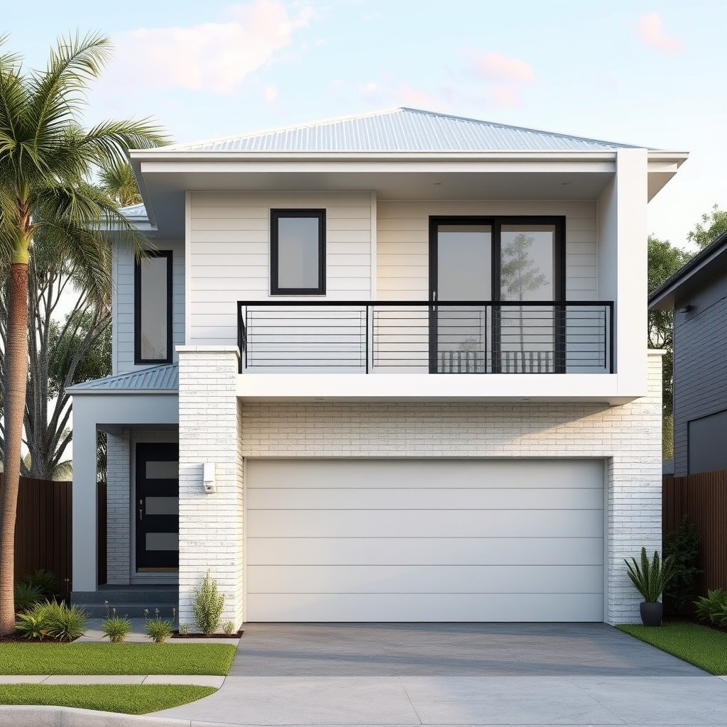 Architectural modern australian home elevation render. White clad on first floor and white brick on ground floor. First floor overhangs ground floor. Garage door on ground floor. No balcony. Only 2 storeys.