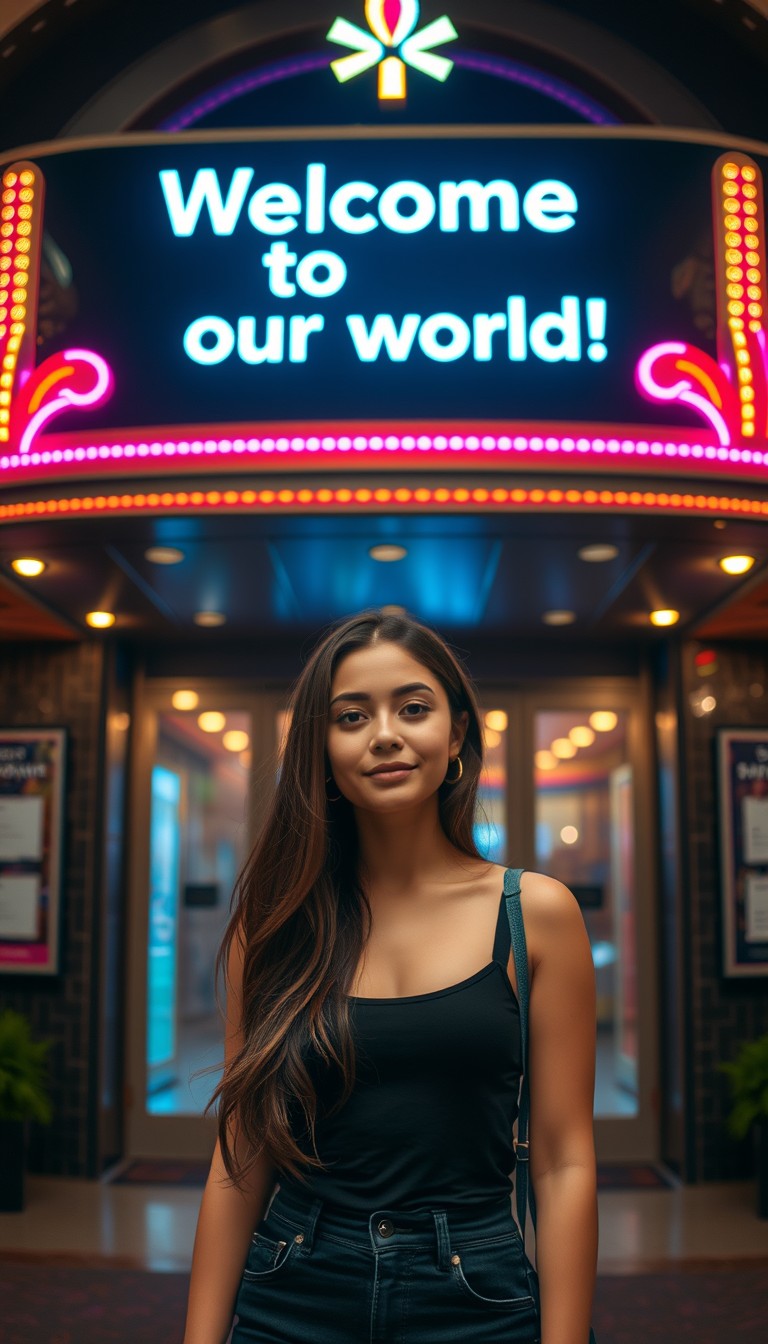 Beautiful, young woman standing in front of cinema where you see the tile "Welcome to our world!"