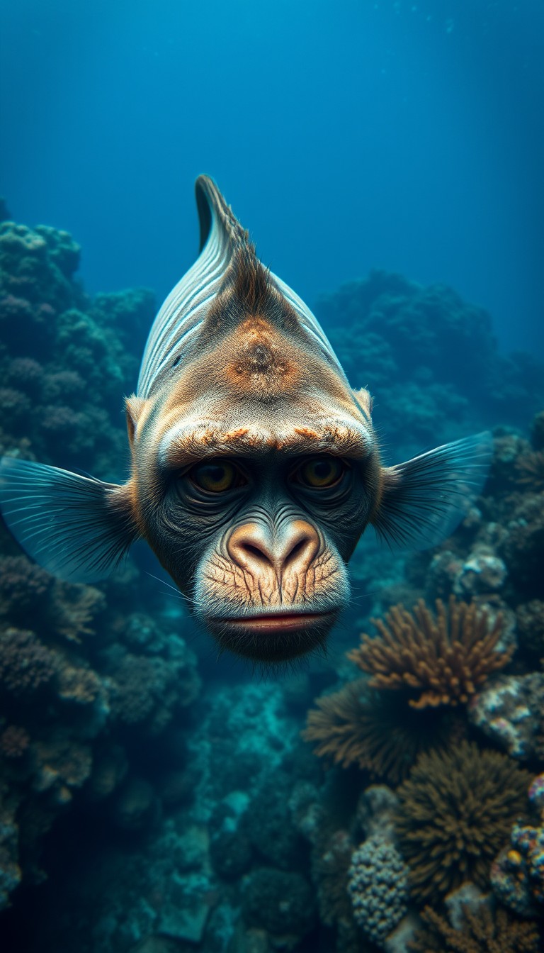 A monkey's face on the entire body of a fish in the deep sea and coral reefs. A realistic, cinematic wide angle photo.