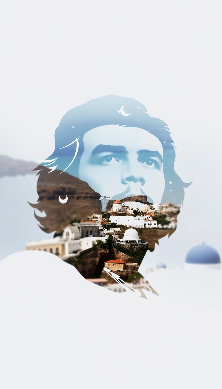 Create an image of Che Guevara using image diffusion of Santorini