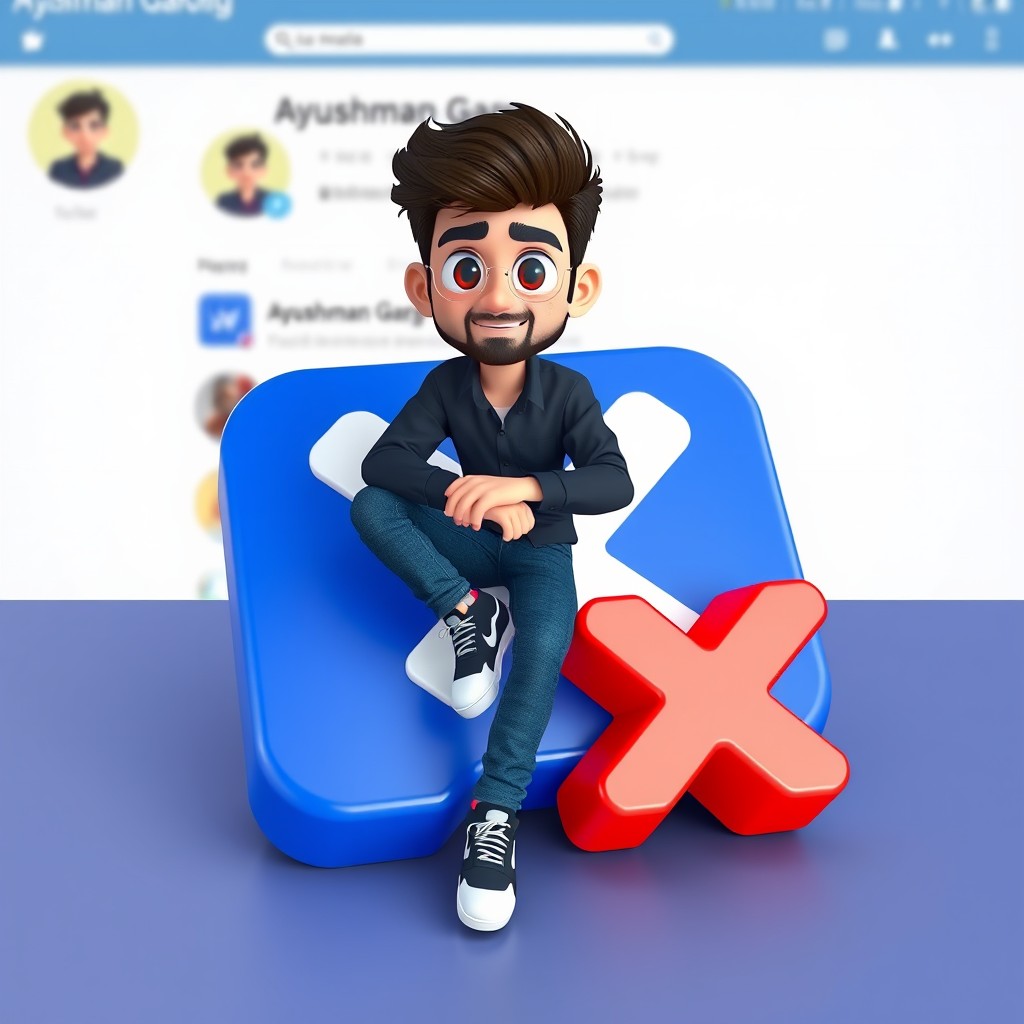 Create 3D illustration of an animated character sitting casually on top of a social media logo “X” The character is <21 years old, arab white, slight short beard, short brown blackish hair, dark blue shirt, blue jeans and a nike sport casual shoes> the background of the image is a social media profile page with a username “ayushman garg” and a profile picture that matches the animated character."