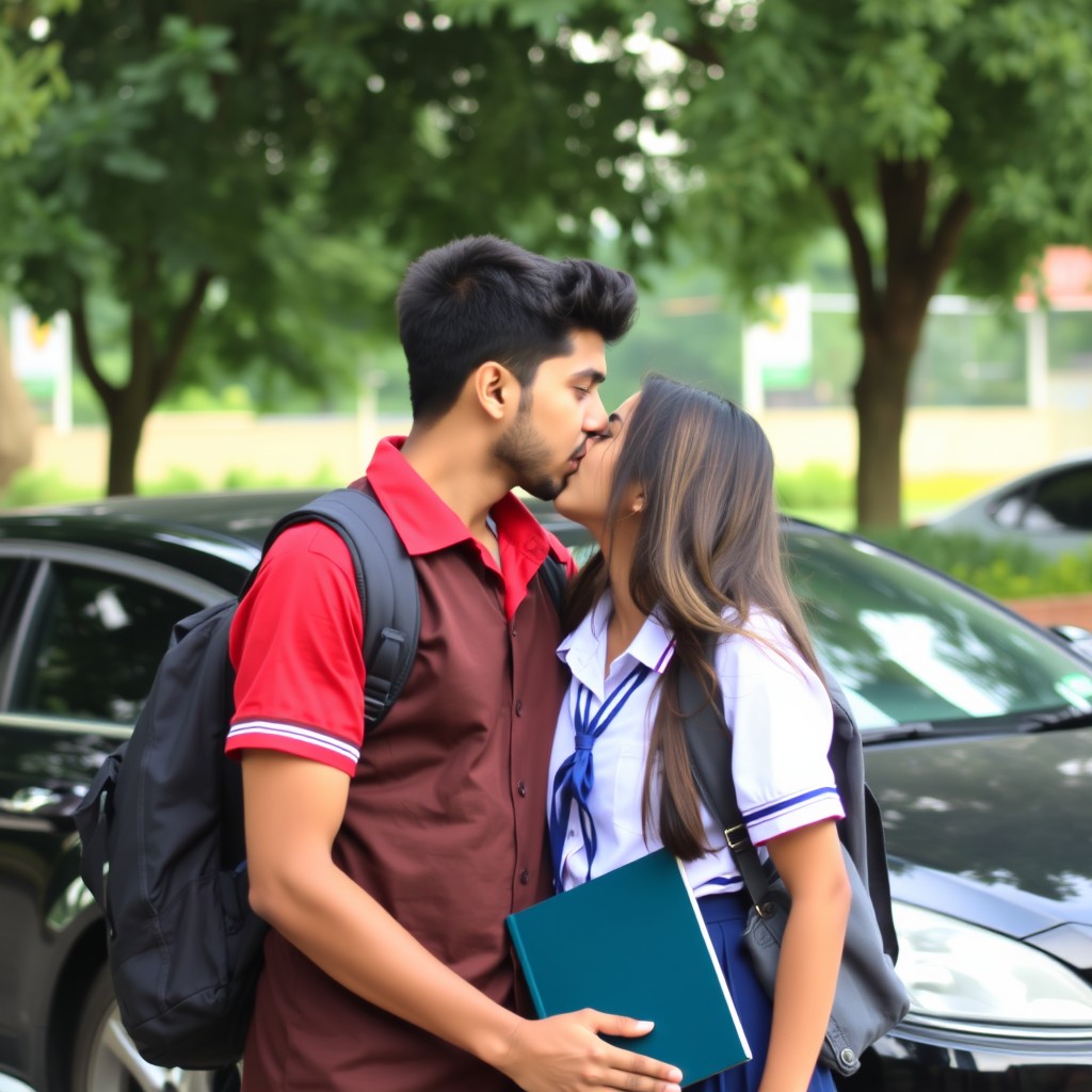 Indian schoolgirl kissing her boyfriend in school parking both dressed in school uniform