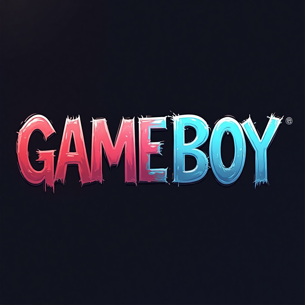 Please generate a picture with the inscription "GAMEBOY" with a color transition from red to blue with a black outline and a transparent background