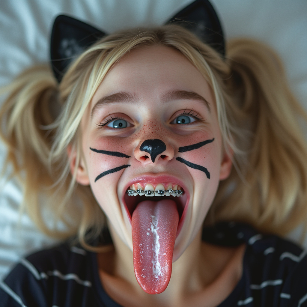 close up picture of an 18 year old female opening her mouth, sticking out her long tongue, smiling, and blushing. She has braces on all of her teeth and blue eyes. She is laying on a bed and bending her head back. She has blonde hair with long pigtails. She has black whiskers painted on her face and is wearing cat ears for her cat Halloween costume. her cheeks are flushed. her really long tongue is wet with saliva. she has white condensed milk on her long tongue