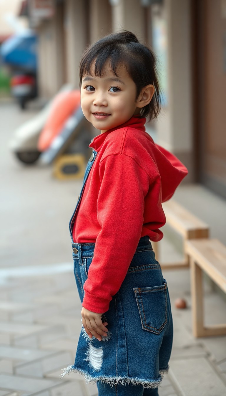 standing chinese cute kid 10 year-old and Turn head and make eye contact and She is wearing only ripped cover sticker with everywhere big holes and only one part covered