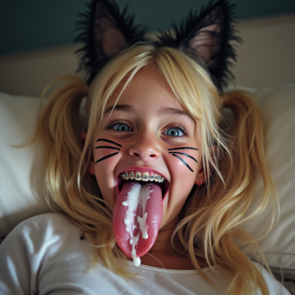 18 year old girl opening her mouth, sticking out her really long tongue, smiling, and blushing. She has braces on all of her teeth and blue eyes. She has blonde hair with long pigtails. She has black whiskers painted on her face and is wearing cat ears for her cat Halloween costume. her really long tongue is wet with saliva. there is white condensed milk on her tongue. she is laying down with her head on a pillow