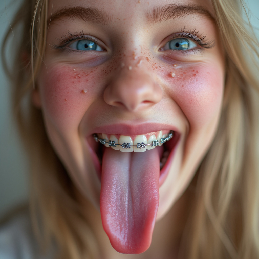 close up picture of an 18 year old girl opening her mouth, sticking out her long tongue, smiling, and blushing. She has braces on all of her teeth and blue eyes. her really long tongue is wet with saliva