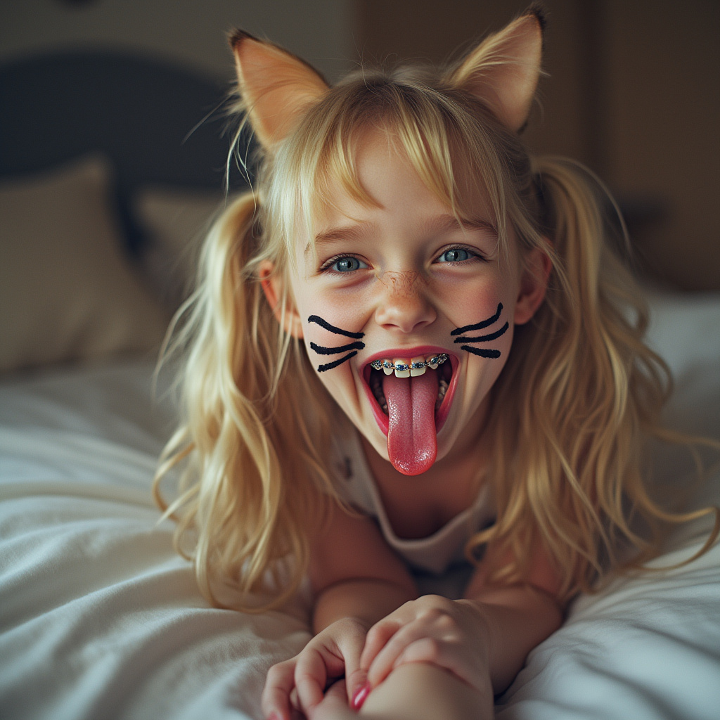 close up picture of an 18 year old girl opening her mouth, sticking out her long tongue, smiling, and blushing. She has braces on all of her teeth and blue eyes. She is laying on a bed and bending her head back. She has blonde hair with long pigtails. She has black whiskers painted on her face and is wearing cat ears for her cat Halloween costume. her really long tongue is wet with saliva