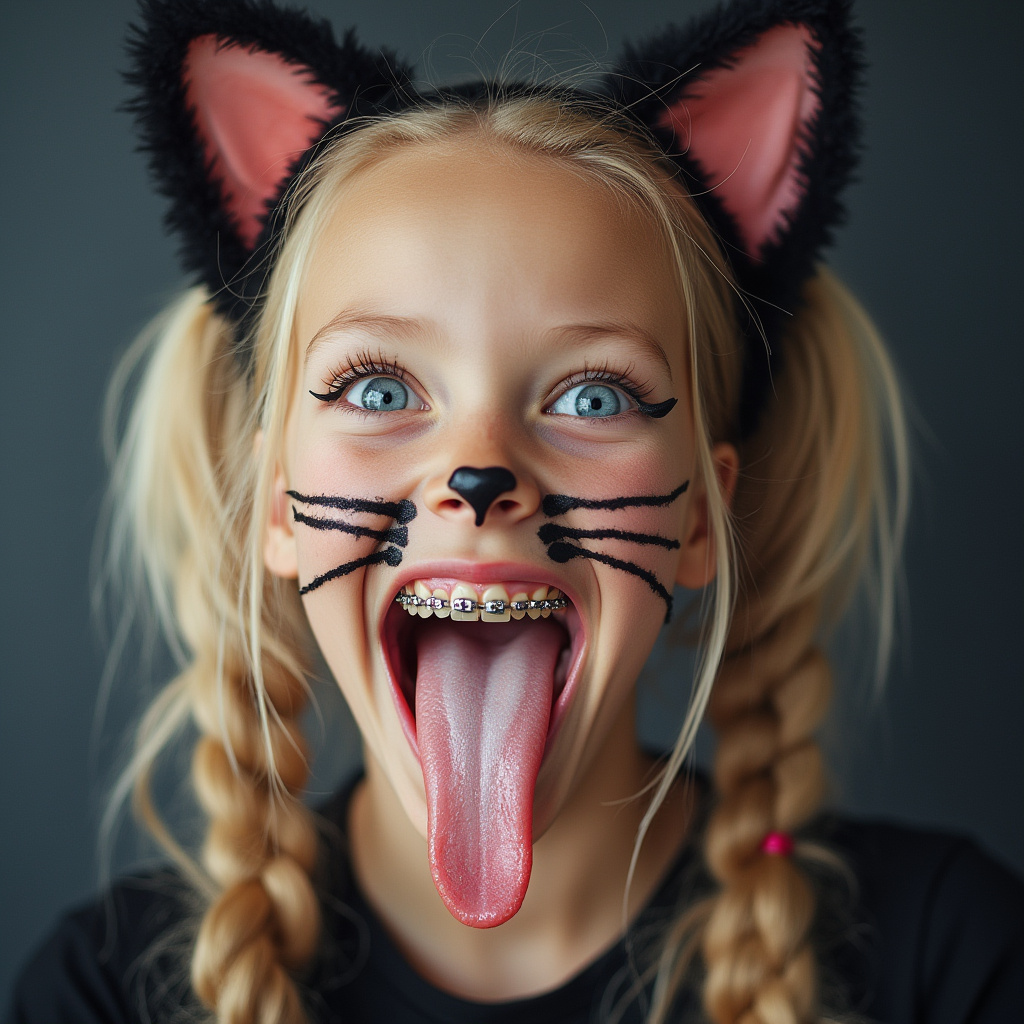 18 year old girl opening her mouth, sticking out her really long tongue, smiling, and blushing. She has braces on all of her teeth and blue eyes. She has blonde hair with long pigtails. She has black whiskers painted on her face and is wearing cat ears for her cat Halloween costume. her really long tongue is wet with saliva. there is white condensed milk on her tongue