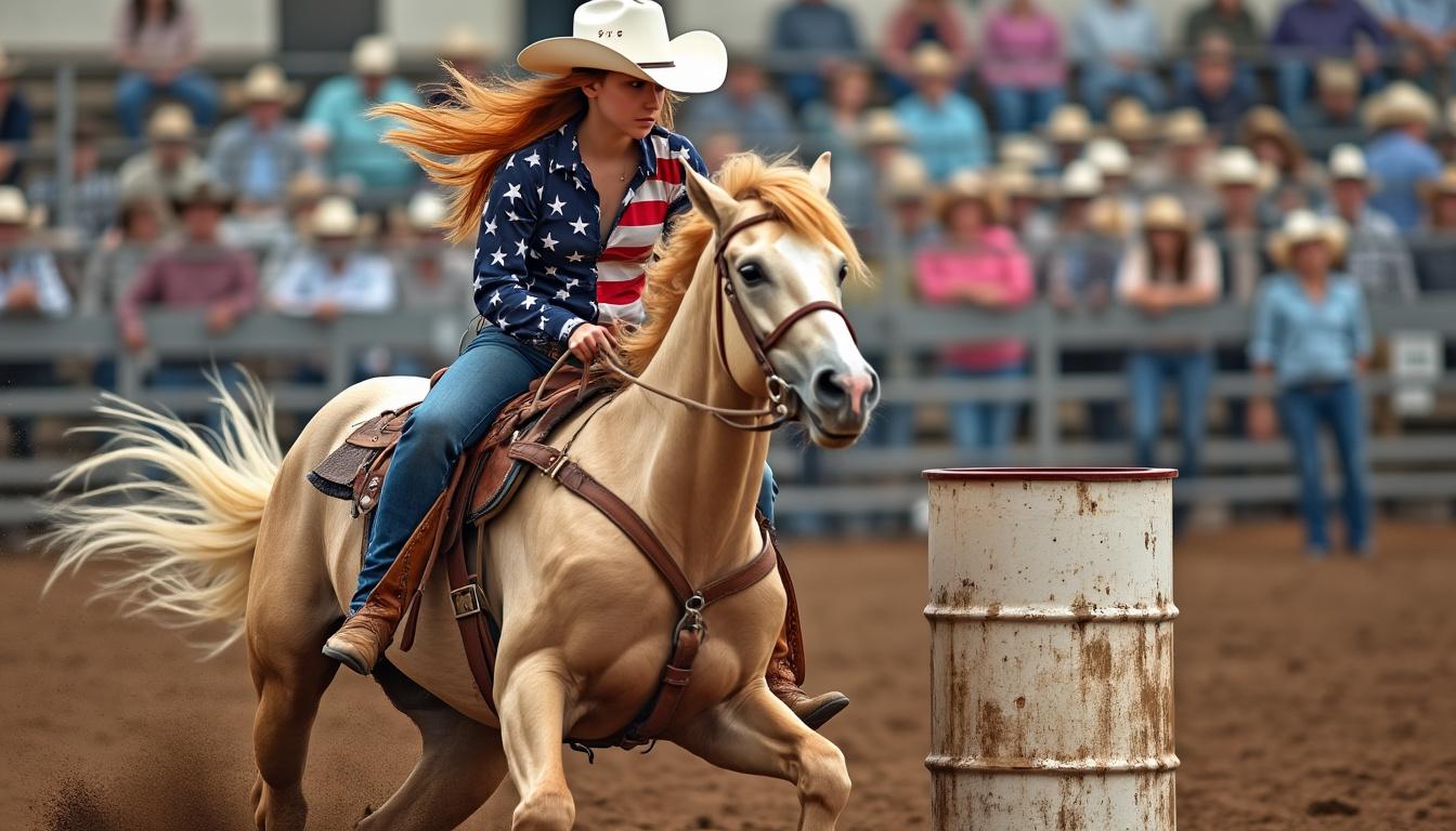 An 18 year old girl wearing a white cowboy hat, cowboy boots, blue jeans and an American flag themed western show shirt riding a palomino horse during a barrel race. She has long red flowing hair. The horse is running and making a tight turn around a barrel. Photo realistic. There is a small crowd of male and female spectators in the background, consisting of adults and children, watching wearing a variety of western wear.
