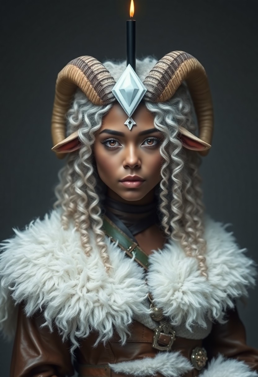 She looks like a young woman with a white crystal on her forehead, something like a third eye. On top of the crystal, a long black candle burns on her forehead. She is quite tall, 3 meters. She has long horns, growing out of her forehead like a goat. Long sheep ears that go up and down. Her skin is slightly dark, but with a blue tint, like frost. Red eyes without pupils, but white pupils appear when she is emotionally strong. She has white, curly, slightly blue, like snow-covered, fluffy hair, and soft like sheep's wool. She also has hooves with white fur instead of legs. She is dressed in a white fluffy tunic, light leather armor on top, and a long sheepskin on top of all this, and wears brown leather pants on her legs.