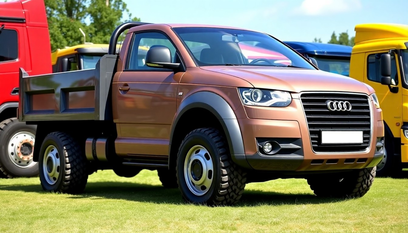 2005 Audi A2 is transformed into a new heavy dump bonnet truck, with a cabin behind the engine, with elements of the corporate style, windshield pillars and hood lines, the location of optics, with the original radiator grille with the corporate logo Audi, stands on the lawn at the summer auto show among other trucks, three quarter view, color